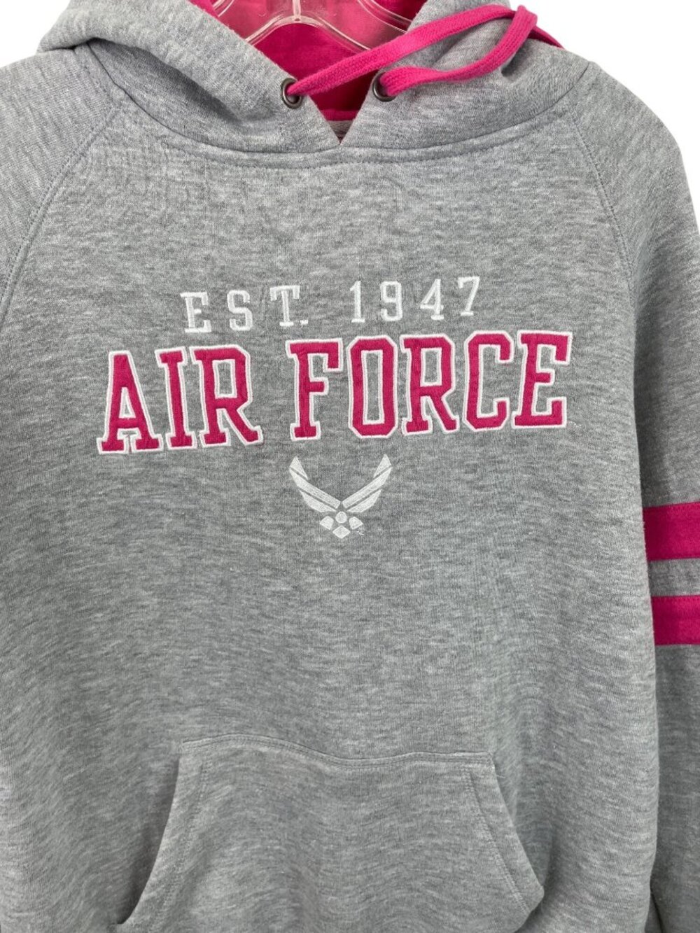 Air Force Gray Hoodie With Pink Stripes & Logo Fleece Lined Womens Size Small - Picture 3 of 7